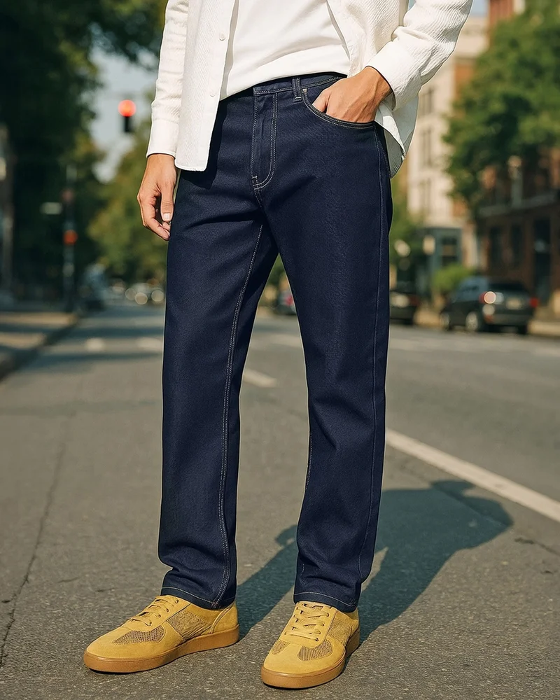 bewakoof Men's Indigo Blue Slim Straight Fit Stretchable Mid-Rise Jeans